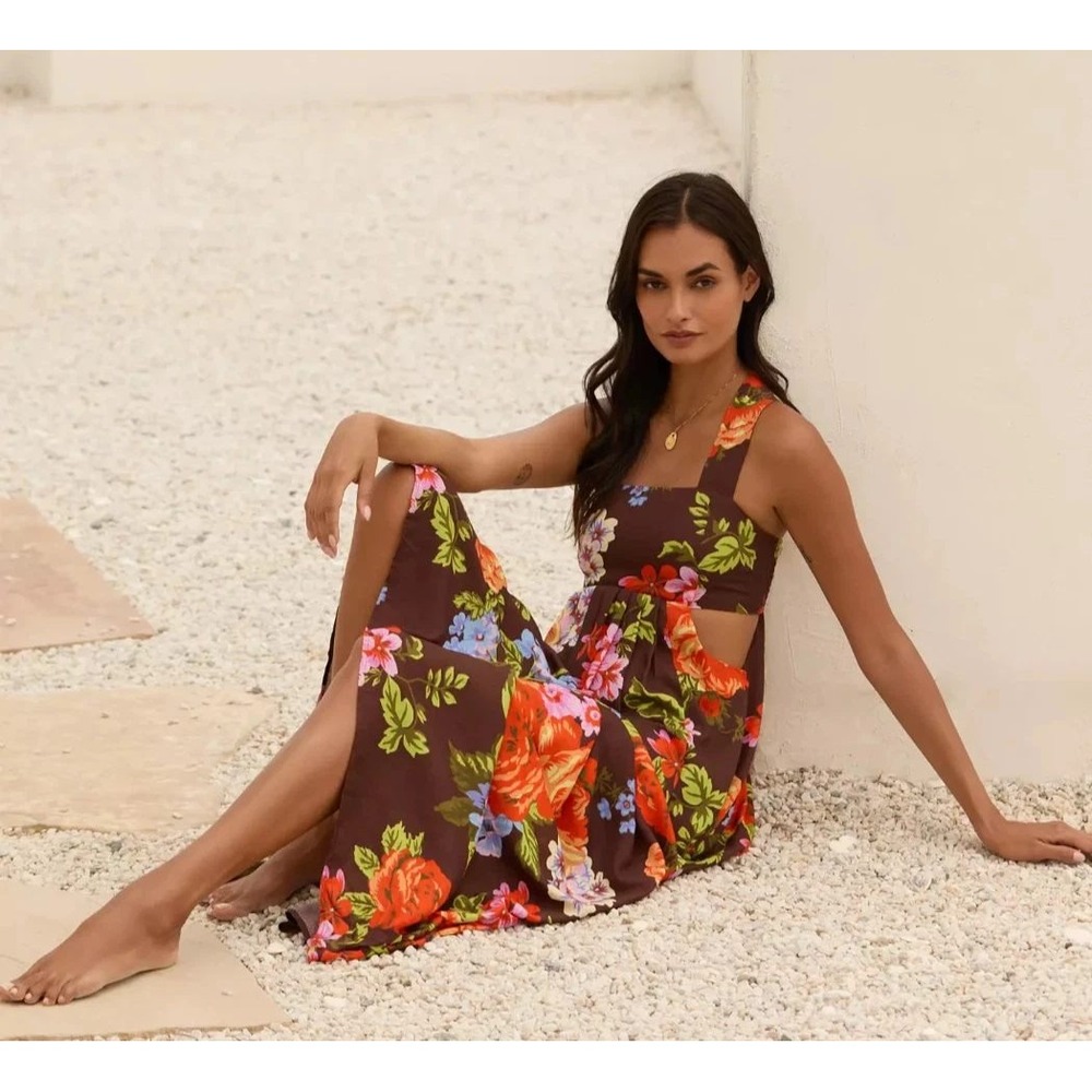 Floral Cutout Maxi Dress in Brown